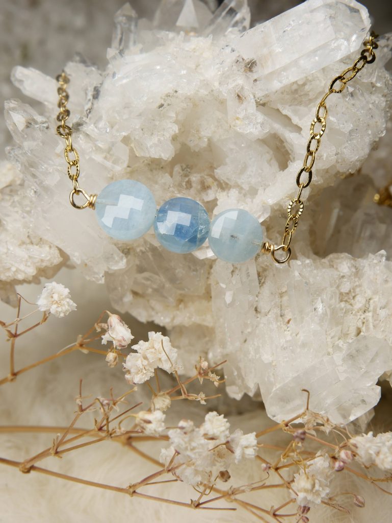 handgemaakte RVS stainless steel goud ketting aquamarijn