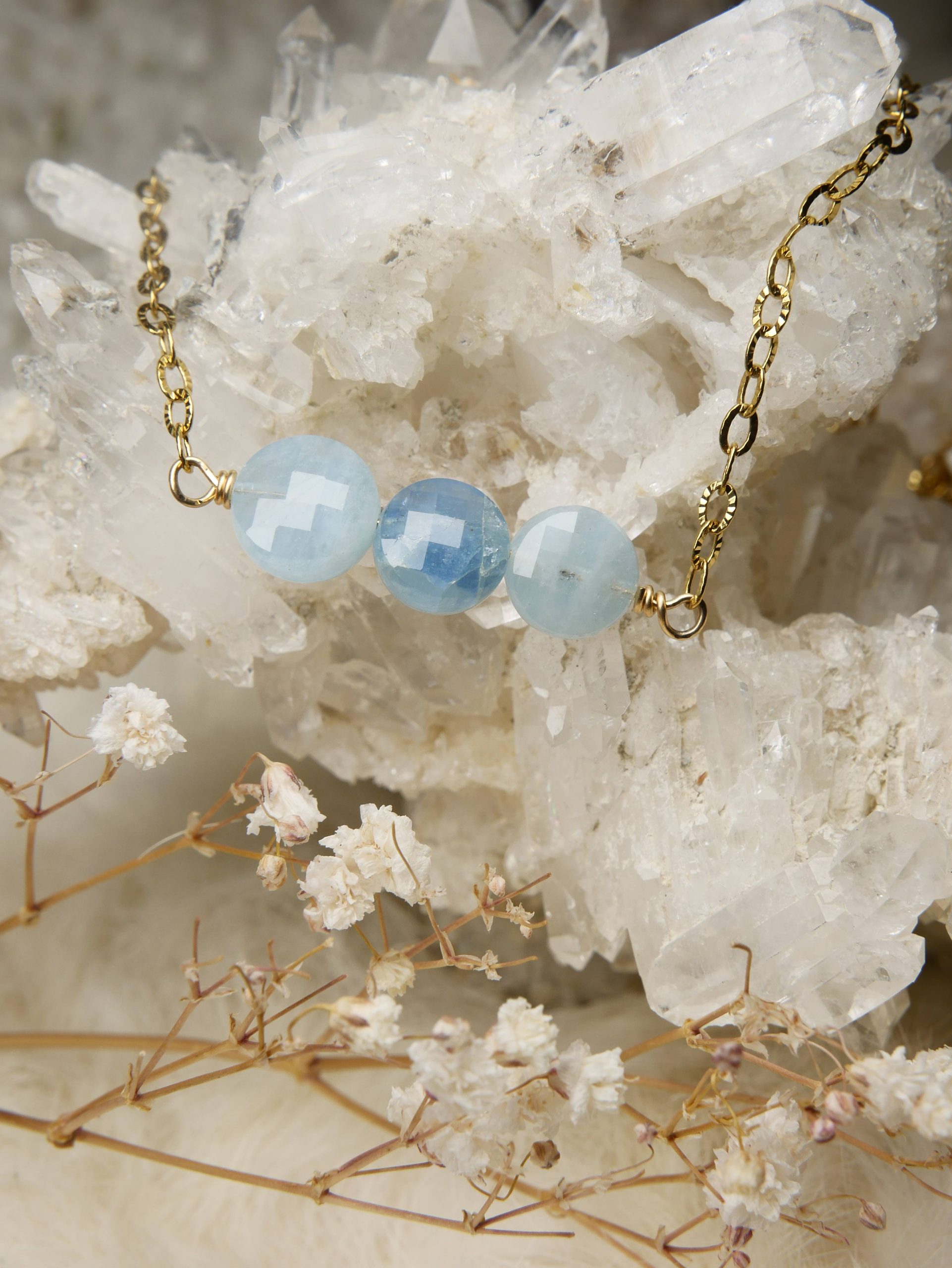 handgemaakte RVS stainless steel goud ketting aquamarijn