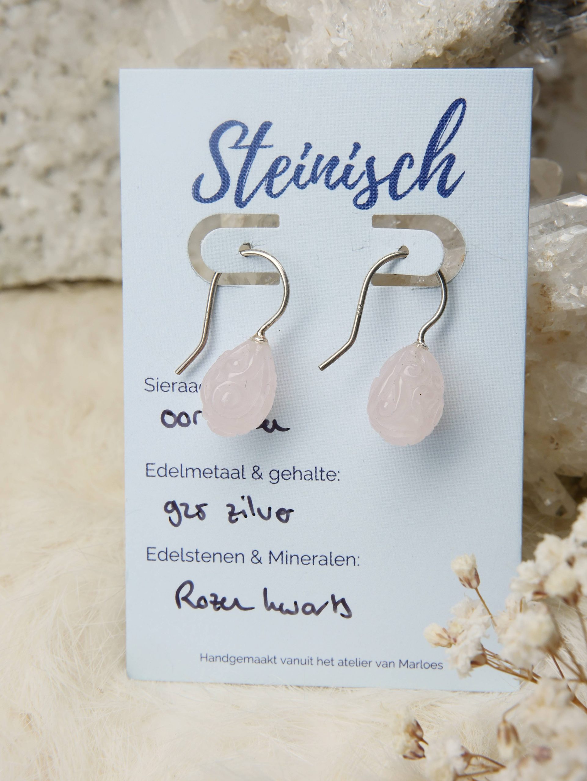 rozenkwarts oorbellen druppels zilver