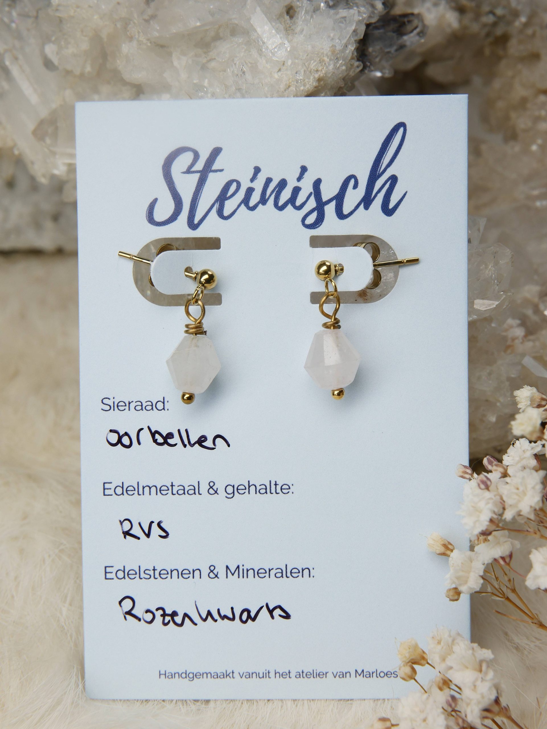 Rozenkwarts oorbellen goud